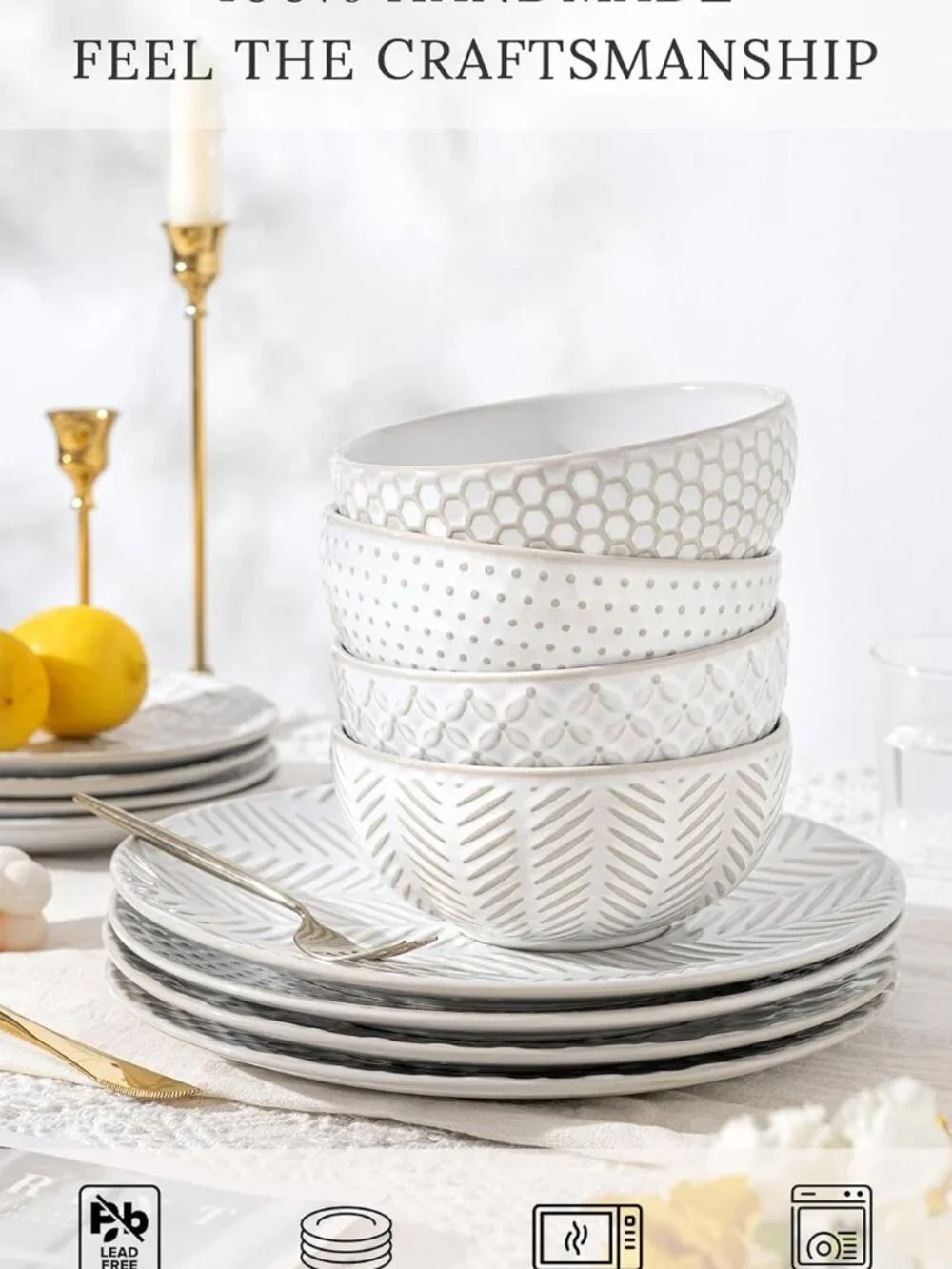 FOBENTA 12-Piece Stoneware Dinnerware Set for 4, Embossed Plates & Bowls